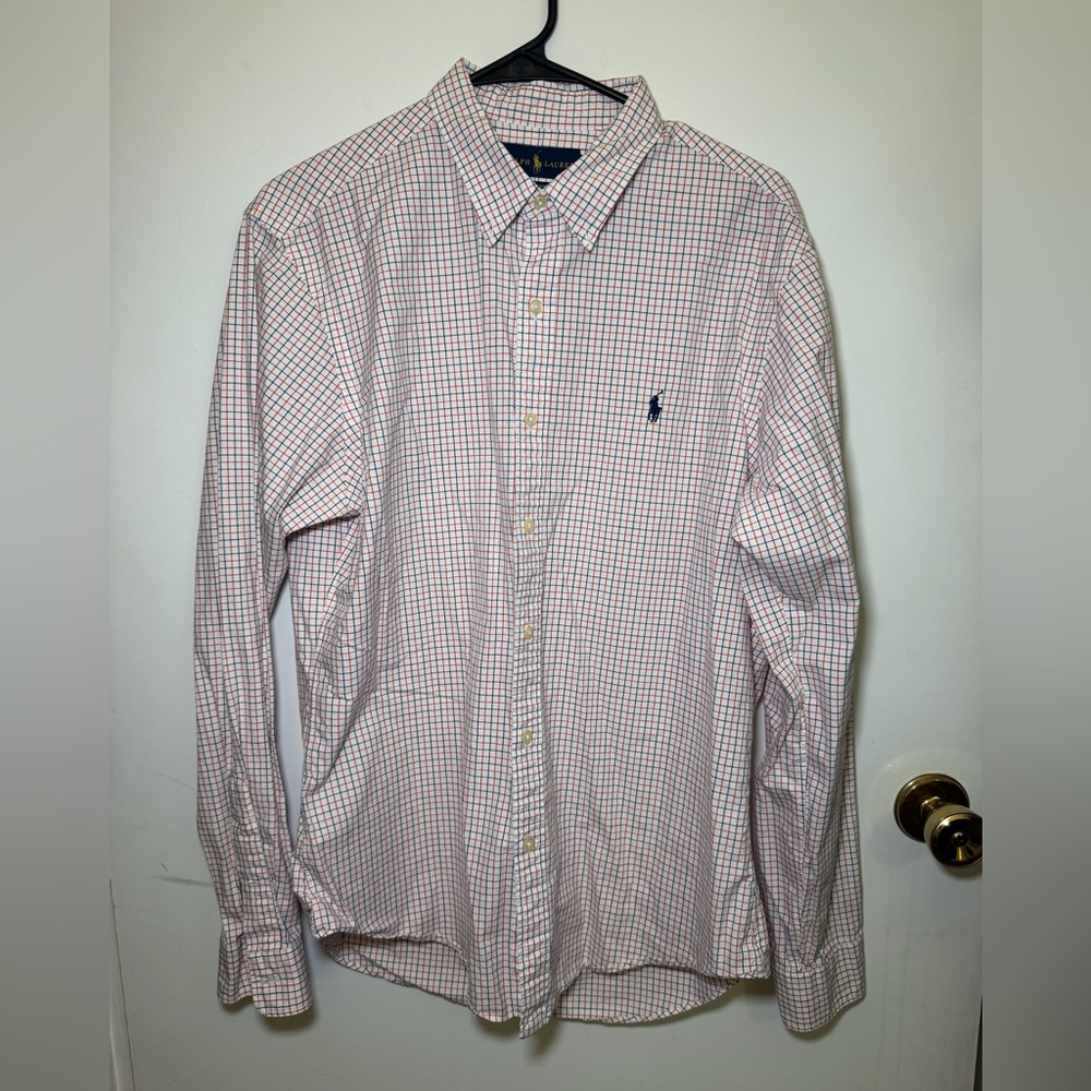 Ralph Lauren Men's White Shirt with Pink & Blue Windowpane Check
